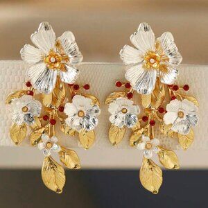 Women's Two Tone Metal Floral Flower Hanging Earrings